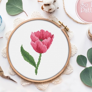 Punto croce tulipano, schema punto croce floreale PDF, disegno punto croce primaverile, grafico xstitch moderno, punto croce contato per principianti