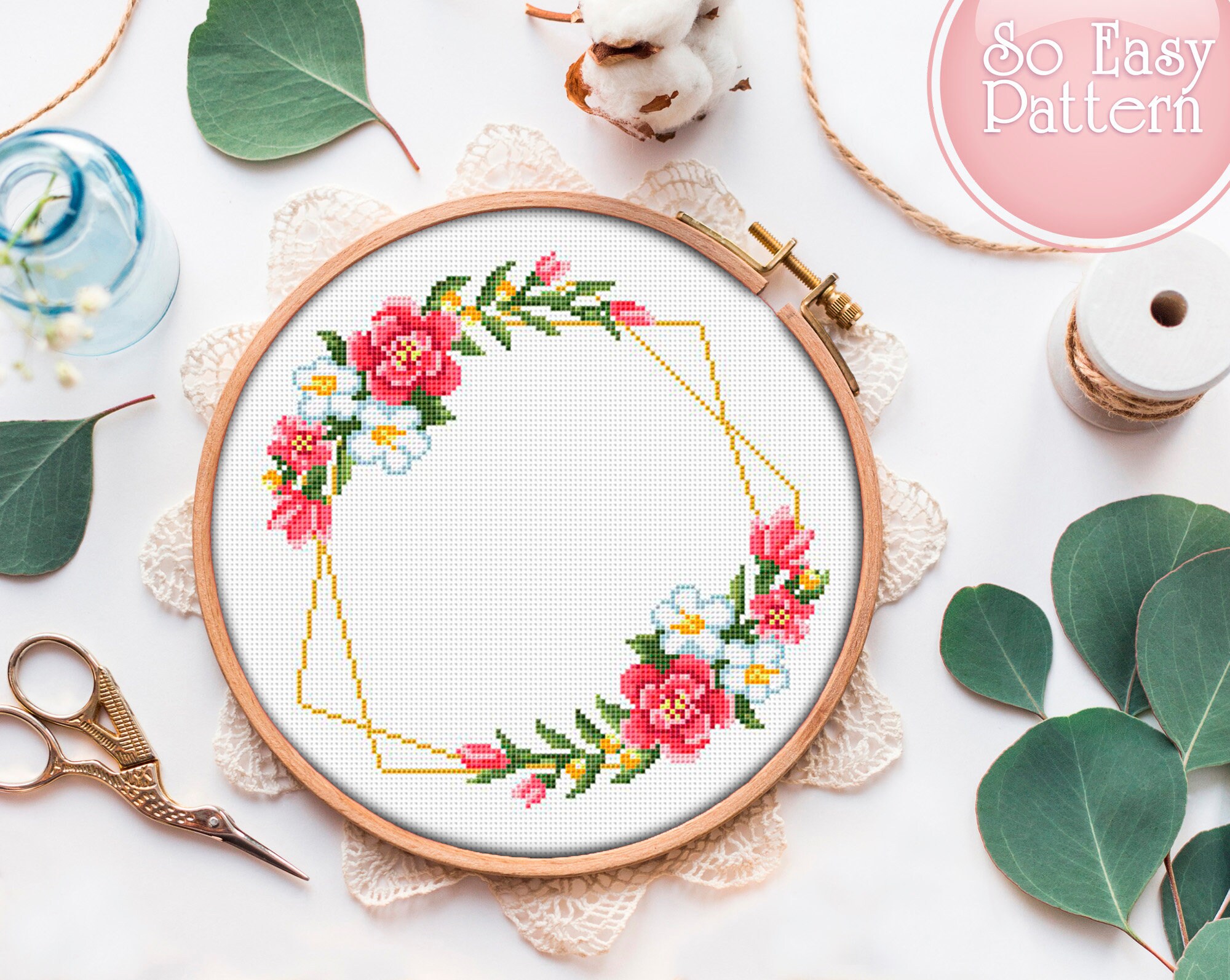 Floral Wreath Cross Stitch Pattern Pdf Flower Border Counted