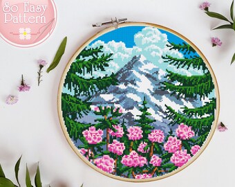 Landscape Modern Cross Stitch PDF pattern Nature Cross Stitch Mountain Forest Flowers Cross Stitch Desing Counted Cross Stitch Chart