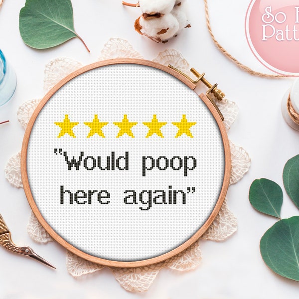 Poop Cross Stitch pattern Subversive Cross Stitch Quote Funny Text Would poop here again Modern Xstitch chart Easy xstitch pattern Humor