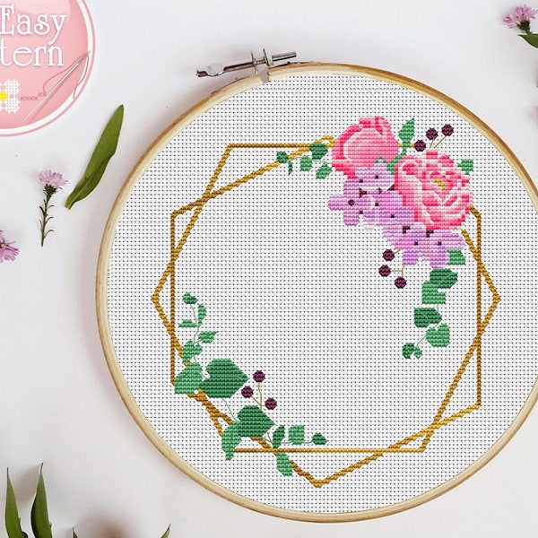 Floral Wreath cross stitch pattern PDF, Flower cross stitch, Modern Xstitch chart, Floral Needlepoint Design, Cross Stitch Flowers, Hoop Art