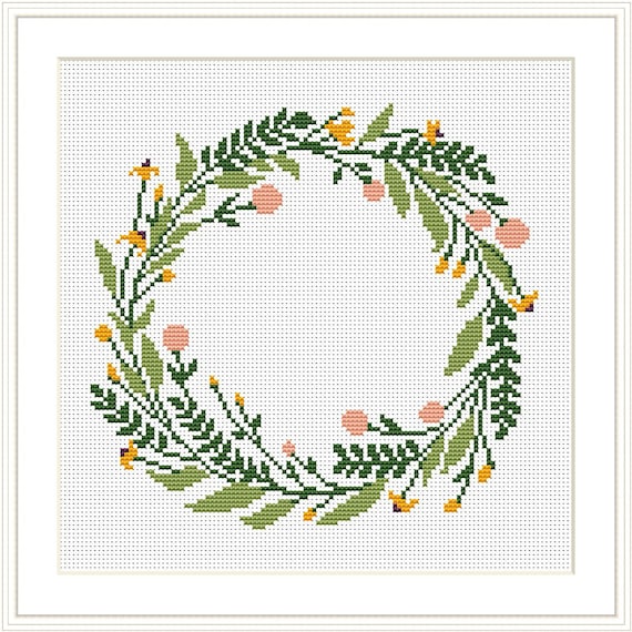 クロスステッチ　パターン8枚付き 花輪クロスステッチパターンPDF、花クロスステッチ、モダン