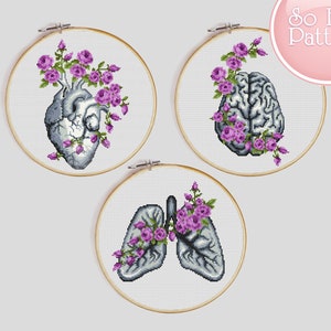 SET 3 Anatomical cross stitch pattern Floral Anatomical Cross Stitch Pattern Pdf Medical Needlepoint Human Heart Brain Lungs cross stitch