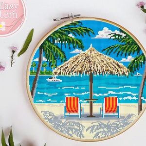 Nature Cross Stitch PDF Pattern Landscape Modern Cross Stitch Design Sunset Beach Palm Counted Cross Stitch Chart Xstitch Gift Idea Hoop art