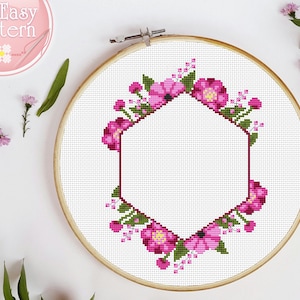 Floral Wreath cross stitch pattern PDF, Flower cross stitch, Modern Xstitch chart, Cross stitch border Floral, Cross Stitch Flowers Hoop Art