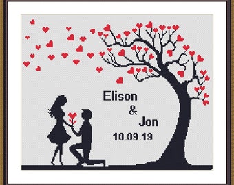 Patrón punto de cruz boda personalizado árbol de amor patrón punto de cruz boda patrón punto de cruz familiar, regalo de boda personalizado