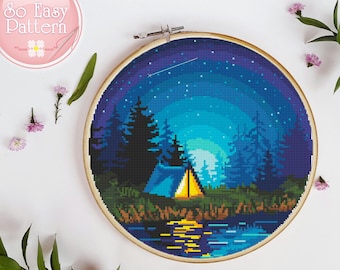 Camping cross stitch PDF pattern Nature cross stitch pattern Adventure cross stitch pattern Night Mountains Stitch Landscape Pattern Pdf