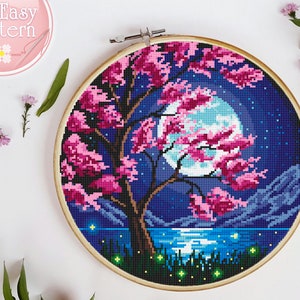 Nature Cross Stitch Pattern PDF Landscape Modern Counted Cross Stitch Chart Forest Moon Mountains Tree cross stitching Xstitch pattern