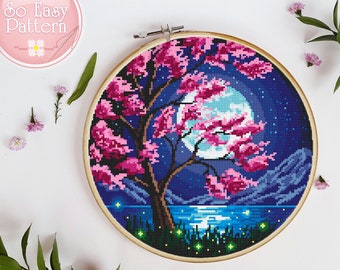 Nature Cross Stitch Pattern PDF Landscape Modern Counted Cross Stitch Chart Forest Moon Mountains Tree cross stitching Xstitch pattern