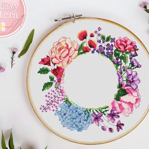 Bloemenkrans kruissteekpatroon pdf, bloem kruissteek, moderne xstitch-grafiek, bloemen borduurontwerp, kruissteek bloemen, hoepelkunst