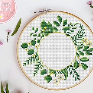 Floral Wreath cross stitch pattern PDF, Flower cross stitch, Modern Xstitch chart, Floral Needlepoint Design, Cross Stitch Flowers, Hoop Art