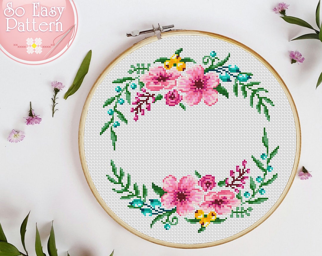 Floral Wreath Cross Stitch Pattern PDF, Flower Cross Stitch