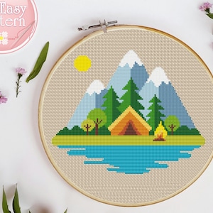 Camping cross stitch PDF pattern Nature cross stitch pattern Adventure cross stitch pattern Mountains landscape Modern cross stitch