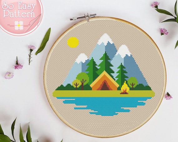 Cross Stitch Kit Beginner Modern Mountain Small Easy by 
