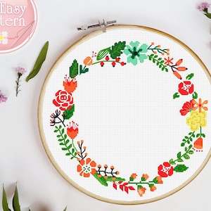 Floral Wreath cross stitch pattern PDF Flower cross stitching Modern Xstitch chart Floral Border Counted cross stitch Flower Design