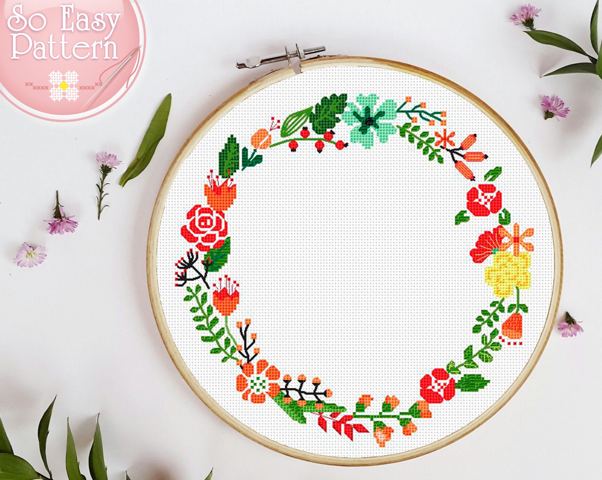 Floral Wreath Cross Stitch Pattern Pdf Flower Cross Stitching Etsy