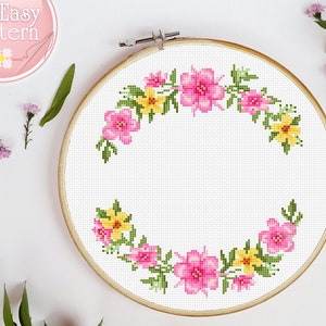 Bloemenkrans-kruissteekpatroon PDF Bloemenkruissteek Moderne x-steekkaart Kruissteek Bloemenrand Bloemen borduurontwerp
