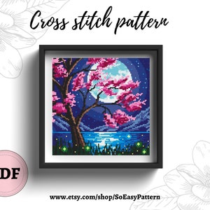 Nature Cross Stitch Pattern PDF Landscape Modern Counted Cross Stitch Chart Forest Moon Mountains Tree cross stitching Xstitch pattern