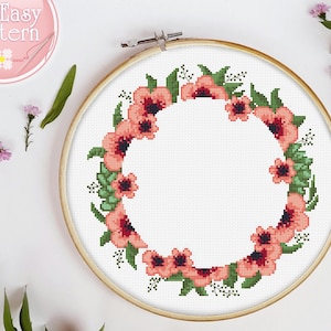 Floral Wreath cross stitch pattern PDF, Flower cross stitch, Modern Xstitch chart, Floral Needlepoint Design, Cross Stitch Flowers, Hoop Art