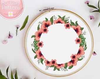 Kreuzstichmuster Blumenkranz, PDF, Kreuzstichmuster Blumen, Moderne Xstitch Vorlage, Stickmuster Kreuzstichmuster, Stickmuster Blumen