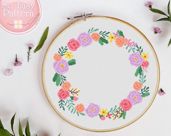 Floral Wreath Cross Stitch Pattern, Flower Cross Stitch, Floral