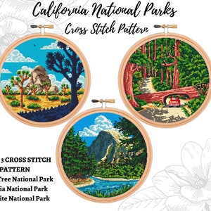 California National Parks Cross Stitch Pattern PDF Yosemite Sequoia Joshua Tree Cross Stitch Design Landscape Nature Cross Stitch chart