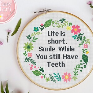 Subversive Cross Stitch PDF Pattern Funny Cross Stitch Quote cross stitch chart Modern Xstitch pattern Flower Border Needlepoint Patterns