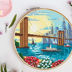 Landscape Modern Cross Stitch PDF pattern Brooklyn Bridge Cross Stitch Nature cross stitch New York Pattern Counted Cross Stitch Chart