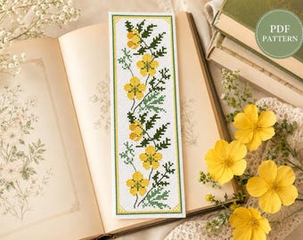 Floral Bookmark Counted Cross Stitch Pattern, Yellow Flower Digital PDF Chart