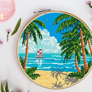 Landscape Modern Cross Stitch Design Sunset Beach Palm Counted Cross Stitch Chart Xstitch Gift Idea Hoop art Nature Cross Stitch PDF Pattern
