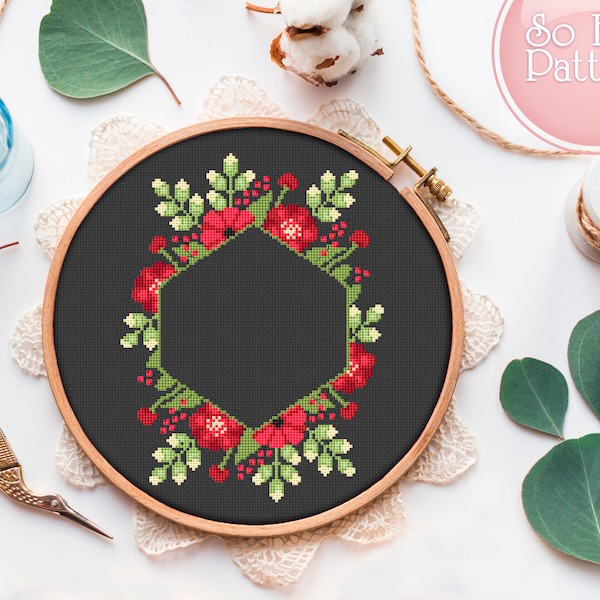Floral Wreath cross stitch pattern PDF, Flower border cross stitching, Floral Needlepoint Design, Modern Cross Stitch Flowers, Hoop Art