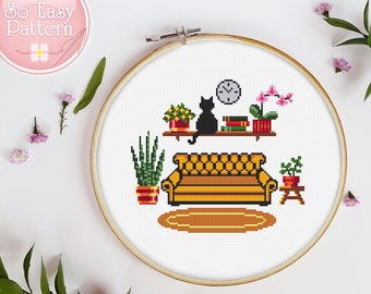 Katzen Kreuzstich Stickmuster, Katzen Wohnzimmer Kreuzstich Stickmuster, lustiges Stickmuster für Katzen und Katzen, modernes Design Kreuzstich Stickmuster