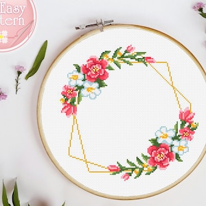 Floral Wreath cross stitch pattern pdf Flower border counted cross stitching Modern Xstitch chart Easy Needlecraft Design embroidery pattern
