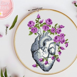 Anatomical Heart cross stitch pattern PDF Modern xstitch chart Medical Needlepoint patterns Human Heart cross stitch floral cross stitch