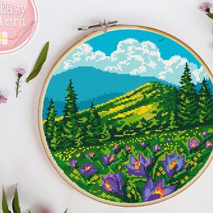 Landschaft Modernes Kreuzstichmuster Natur Kreuzstich Berg Wald Krokusse Blumen Kreuzstich Desing Kreuzstichvorlage