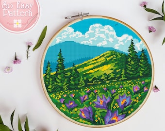 Landschaft Modernes Kreuzstichmuster Natur Kreuzstich Berg Wald Krokusse Blumen Kreuzstich Desing Kreuzstichvorlage