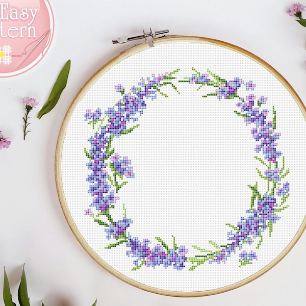 Floral Wreath cross stitch pattern PDF Flower cross stitch Modern Xstitch chart Lavender Wreath Needlepoint Design Cross Stitch Flowers