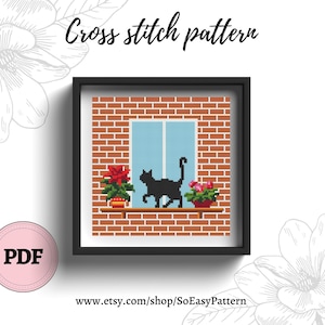 Cat Cross Stitch Pattern PDF, Black Cat in window cross stitching, Funny cross stitch Plants and Cats xstitch pattern,