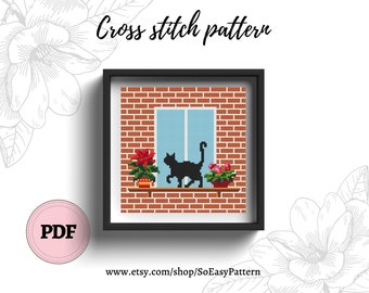 Katzen Kreuzstichmuster PDF, schwarze Katze im Fenster Kreuzstich, Lustiger Kreuzstich Pflanzen und Katzen Kreuzstichmuster,