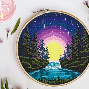 Nature Cross Stitch Pattern Modern Counted Cross Stitch Design Landscape Cross Stitch PDF pattern Starry Sky Moon Night cross stitching