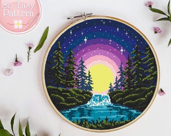 Nature Cross Stitch Pattern Modern Counted Cross Stitch Design Landscape Cross Stitch PDF pattern Starry Sky Moon Night cross stitching