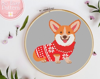 Dog cross stitch pattern, Cute Corgi cross stitch pattern, PDF cross stitch, Holiday cross stitch, Animal cross stitch, modern xstitch chart