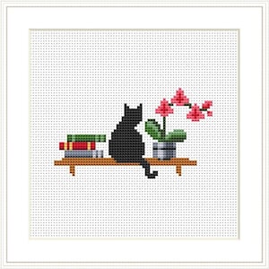 May include: A black cat sits on a shelf with a stack of books and a potted pink orchid plant.