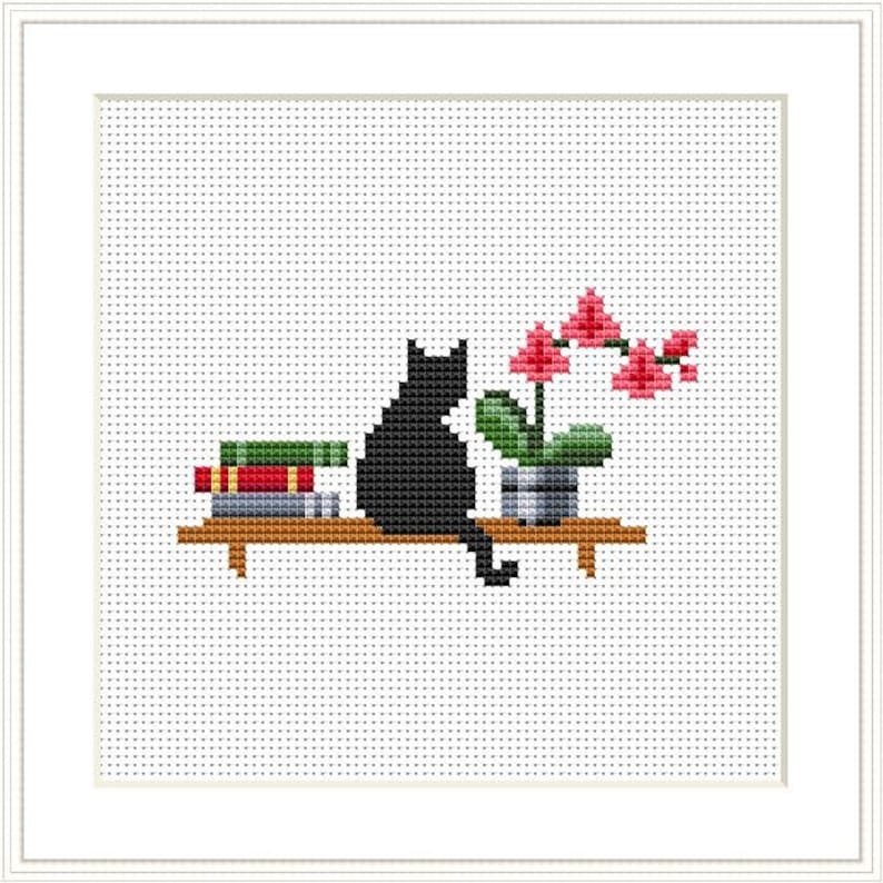 May include: A black cat sits on a shelf with a stack of books and a potted pink orchid plant.