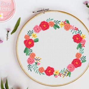 Bloemenkrans kruissteek patroon, bloem kruissteek, bloemen naaldpunt ontwerp, kruissteek bloemen PDF, moderne Xstitch grafiek, hoepel kunst
