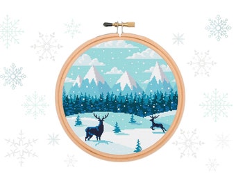 Winter landscape cross stitch pattern PDF Holiday cross stitch Nature cross stitch Pattern Forest Mountains Deer Modern Embroidery design