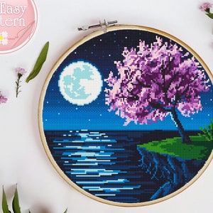 Nature Cross Stitch Pattern PDF Landscape Modern Counted Cross Stitch Chart Forest Moon Mountains Tree cross stitching Xstitch pattern
