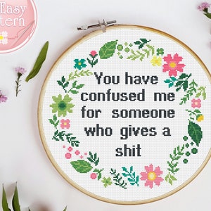 Funny Cross Stitch PDF pattern Subversive Cross Stitch Pattern Quote cross stitch Modern Xstitch Chart Floral Wreath Counted cross stitch