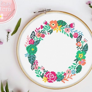 Floral Wreath cross stitch pattern PDF Flower cross stitch Modern Xstitch chart Lavender Wreath Needlepoint Design Cross Stitch Flowers