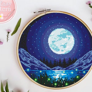 Nature Cross Stitch Pattern PDF Moon Night Mountains landscape Modern Counted cross stitch chart Adventure cross stitching design Xstitch